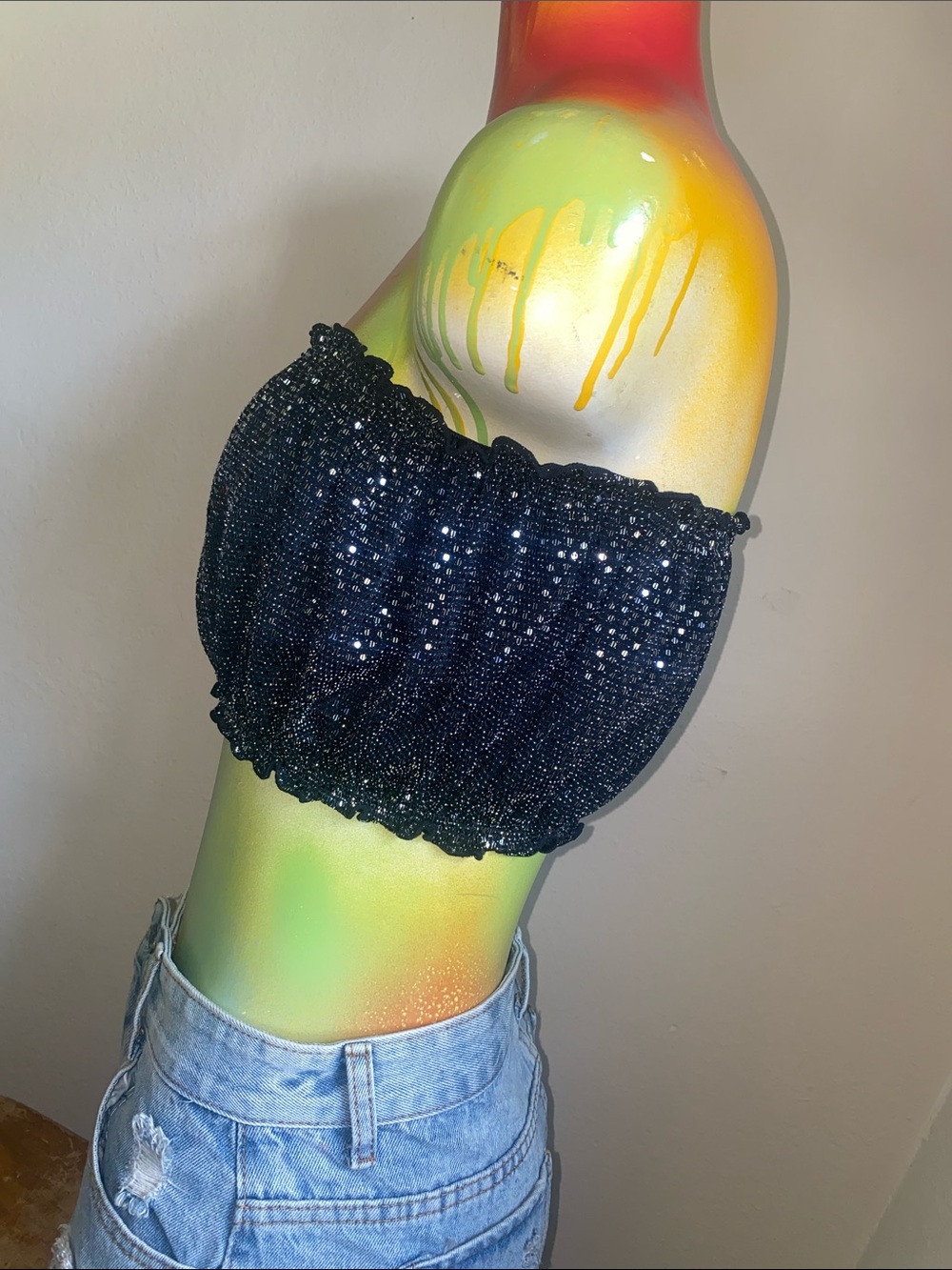 Forever 21 Black Sequin Smocked Ruffle Trim Tube Top NWTs - Picture 4 of 9